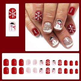 White French Tips Press on Nails Short Square - MINGCHUN Glossy Fake Nails with Glitter Snowman Snowflakes Design Nail Tips Full Cover Acrylic False Nails Xmas Winter Glue on Nails for Women 24 Pcs
