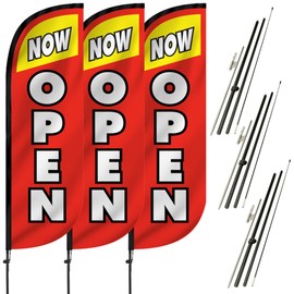 LookOurWay Feather Flag Pole Kit 3-Pack Bundle - 7ft Tall Grand Opening Advertising Banners with Poles and Ground Spikes - Now Open Red & Yellow