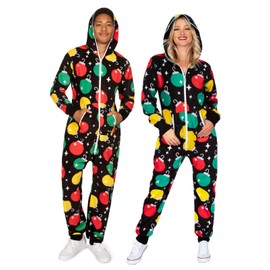 Tipsy Elves Christmas Onesies for Adults - Comfy Unisex Matching Holiday Jumpsuits with Convenient Pockets - Cozy Black Ornaments Christmas Jumpsuit For Men and Women Size Large