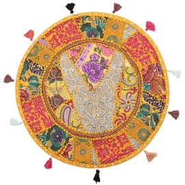 Stylo Culture Indian Round Floor Cushion Cover 55 x 55 cm Decorative Floor Cushion Pouf Vintage Mango Yellow Boho Patchwork Sofa Seat Cushion Cotton Embroidered Round Cushion Boho