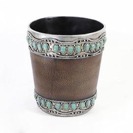 De Leon Collections Decorative Waste Basket Trash Bin, 9.5 x 8 Inch Polyresin, Faux Leather and Turquoise