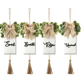 Liliful 4pcs Boho Wall Decor for Bathroom 11.8 x 4.7 Inch Relax Soak Unwind Breathe Bathroom Sign with Artificial Leaves and Rustic Beads Minimalist Botanical Wall Art Farmhouse Hanging Wall Decor