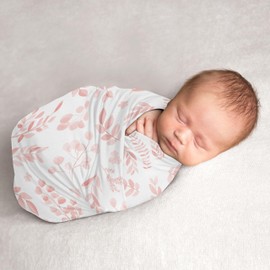 Sweet Jojo Designs Blush Pink White Floral Leaf Girl Baby Swaddle Blanket Infant Newborn Lightweight Jersey Stretchy Receiving Security Stroller Cover - Boho Chic Bohemian Watercolor Woodland Tropical