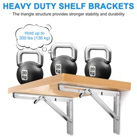 Folding Shelf Brackets, Max Load 300 lb, Heavy Duty Stainless Steel Collapsible Wall Mounted Shelf Brackets for Table, Space Saving DIY Bracket, Pack of 2 (12inch)