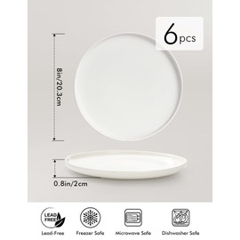 AISBUGUR Dinner Plates Set of 6,8-inch Ceramic Dessert Plates for Kitchen, Round Salad Plates with Lip Edge, Microwave & Dishwasher Safe, Scratch Resistant, Great Gift, White