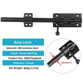 OTTFF 2 Pack 12" Black Slide Bolt Gate Latch, 304 Stainless Steel Solid Barrel Bolt for Barn Fence Shed