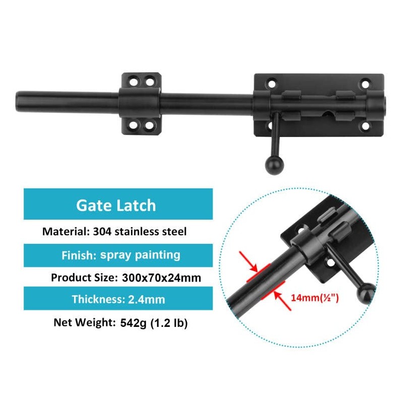 OTTFF 2 Pack 12" Black Slide Bolt Gate Latch, 304