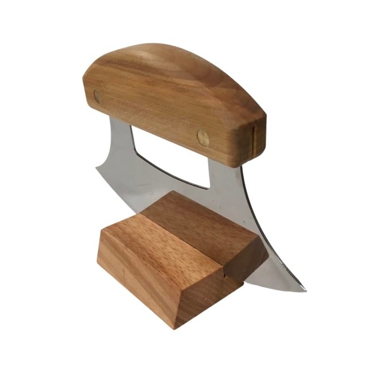 Alaskan Birch Wood Ulu Mezzaluna Knife and Bowl Set "