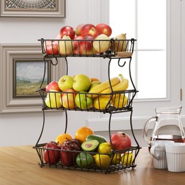 Wetheny 3-Tier Fruit Basket Bowl Vegetable Storage with Banana Hook and Wooden handle for Kitchen Counter, Detachable Wire Metal Basket for Bread Snacks Onions Potatoes Black