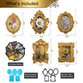 ZIFEZIRE Mini Gold Magnetic Picture Frames for Refrigerator, 5 Small Vintage Photo Frames with Soft Magnet Backing, Victorian Style Decor for Kitchen Office Home