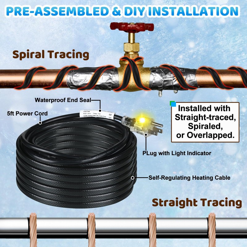 Kingdder 36 Ft (6FT~48FT) Heat Tape for Water Pipes Thermostat