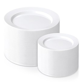 FLOWERCAT 200PCS White Plastic Plates Disposable Plates for Party - Heavy Duty Plastic Plates - 100 10" Dinner Plates and 100 7" Salad Plates for Weddings, Easter Parties and Events