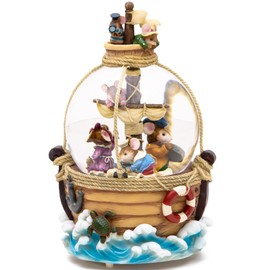 Musical Snow Globe Mice on Pirate Ship, Handcrafted Music Box, Warm Light, Vintage Nautical Decor, for Family, Holiday, Christmas, Birthday, Plays by The Beautiful Sea Melody