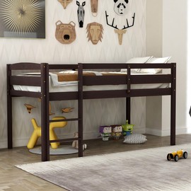 Harper & Bright Designs Low Loft Bed Twin Wooden Bed Frame with Ladder, for Kids Girls Boys, Espresso