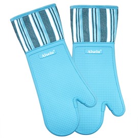 Alselo Oven Mitts Heat Resistant Silicone Kitchen Gloves for 550 Degrees with Waterproof and Non-Silp, Oven Gloves for Baking Cooking Barbecue Microwave Machine Washable (2, Extra Long Sapphire)