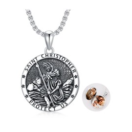 Seiyang St Christopher Locket Necklace for Men Women 925 Sterling Silver Round Saint Christopher Photos Medal Picture Medallion Protection Jewelry