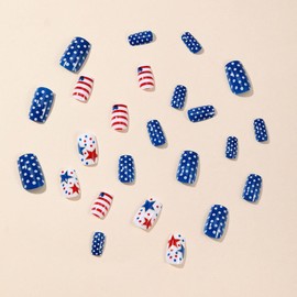 4th of July Press on Nails Short Square Fake Nails Wave Point False Nails with Star Designs Full Cover Tricolor Flag Acrylic Nails Glossy Glue on Nails Manicure Artificial Nails for Women Girls 24Pcs
