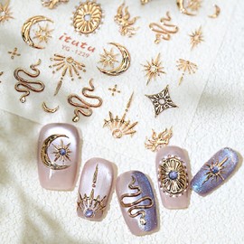 5D Embossed Sun Moon Nail Stickers for Nail Art Self-Adhesive Gold Nail Art Stickers Bronzing Snake Stars Sun Moon Designs Luxury Nail Supplies Star Nail Decals for Women Girls Manicure Decorations