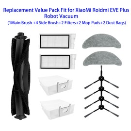 Replacement Accessories Set for Roidmi EVE Plus Robot Vacuum Include 1Main Brush 4 Side Brushes 2 Filters 2 Mop Pads 2 Dust Bags Parts