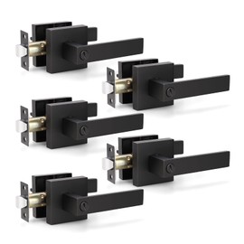 KNOBWELL 5 Pack Matte Black Privacy Lever Door Handle Set, Lever Doorknob with Lock(No Key), Heavy Duty Modern Square Black Handles for Bedroom or Bathroom