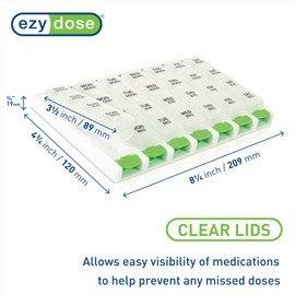EZY DOSE Weekly (7 Day) 4 Times a Day Push Button Pill Organizer and Vitamin Planner, Removable Daily Pillboxes, Green, Convenient and Easy to Use, Clear Lids, Large, BPA Free