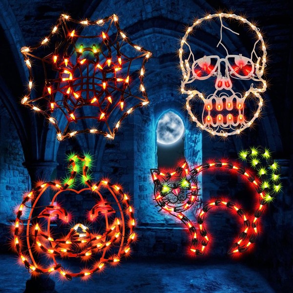 GLOWNOVA 4 Pack Lighted Halloween Window Silhouette Decoration,Jack-O-Lantern, Cobwet,Skull, Cat,