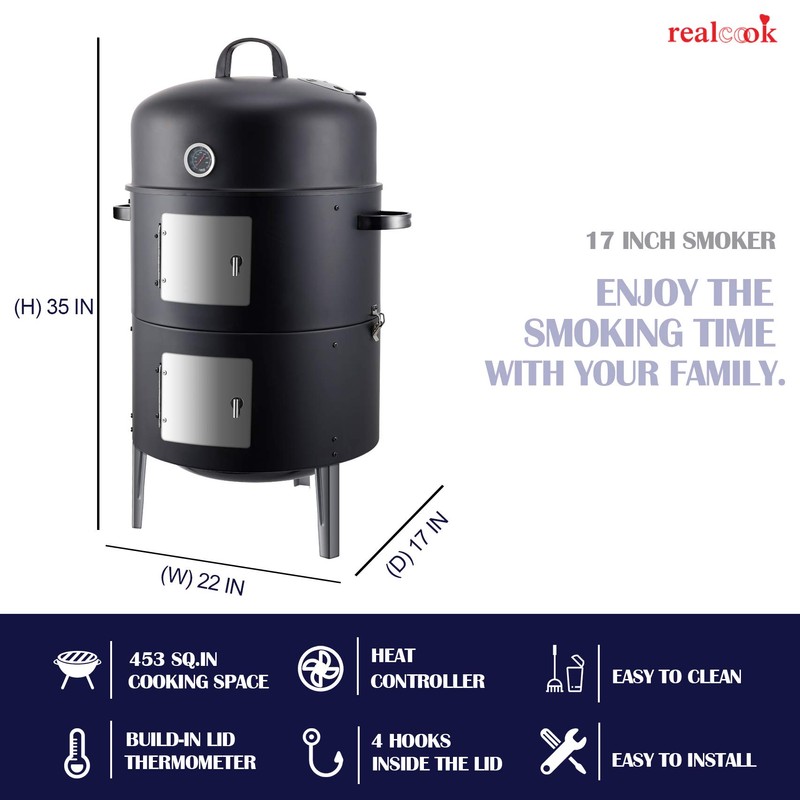 Realcook Vertical 17 Inch Steel Charcoal Smoker, Heavy Duty Round