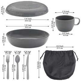 Berglander Camping Mess Kit with Bowl, Plate, Cup, Spoon, Fork, Knife and Carry Bag, Camping Accessories Essentials Gear for Travel, Camping, Picnic, Outdoor, Easy to Carry & Clean (Gray)