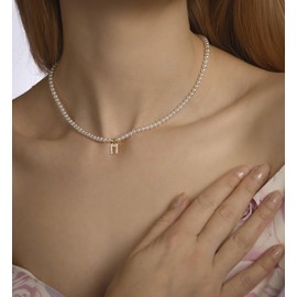 TINGN Pearl Necklace Women's Letter Chain Ladies Girls - Handpicked Pearl Necklace Women's Necklace with Letters Choker Chain Women's Beads Jewellery Women's Letter Chain Gifts for Women Girls, Gold