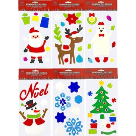 Christmas Gel Cling Stickers for Windows and Mirrors - 6 Sheets of Winter Designs: Polar Bear, Santa Claus, Snowman, Snowflakes, Reindeer, Christmas Trees and More!
