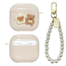 AIIEKZ Cute Kawaii AirPods 3 Case Cover 2021, Lovely Flower Bear Design Smooth Soft Protective Cover for AirPods 3rd Generation Case with Pearl Chain for Girls Women (AirPods 4)