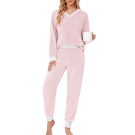 JUSTFASHIONNOW Womens 2 Piece Lounge Sets Cute Long Sleeve Pajama Sets Casual Striped Pjs with Pockets Winter Outfits Cozy Sleepwear Loungewear(Pink,X-Large