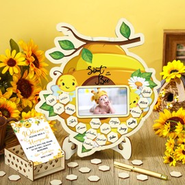 Wenqik 63 Pcs Baby Shower Guest Book Alternatives Set Baby Shower Guestbook with Photo Frame Baby Sonogram Frame Keepsake 60 Wood Slices Guest Book for Birthday (Bee)