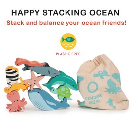 Mentari Toys - Happy Stacking Ocean - Wooden Blocks Balancing Game - Comes with Drawstring Bag for Easy Storage - Manual Dexterity and Cognitive Development - Age 18M+