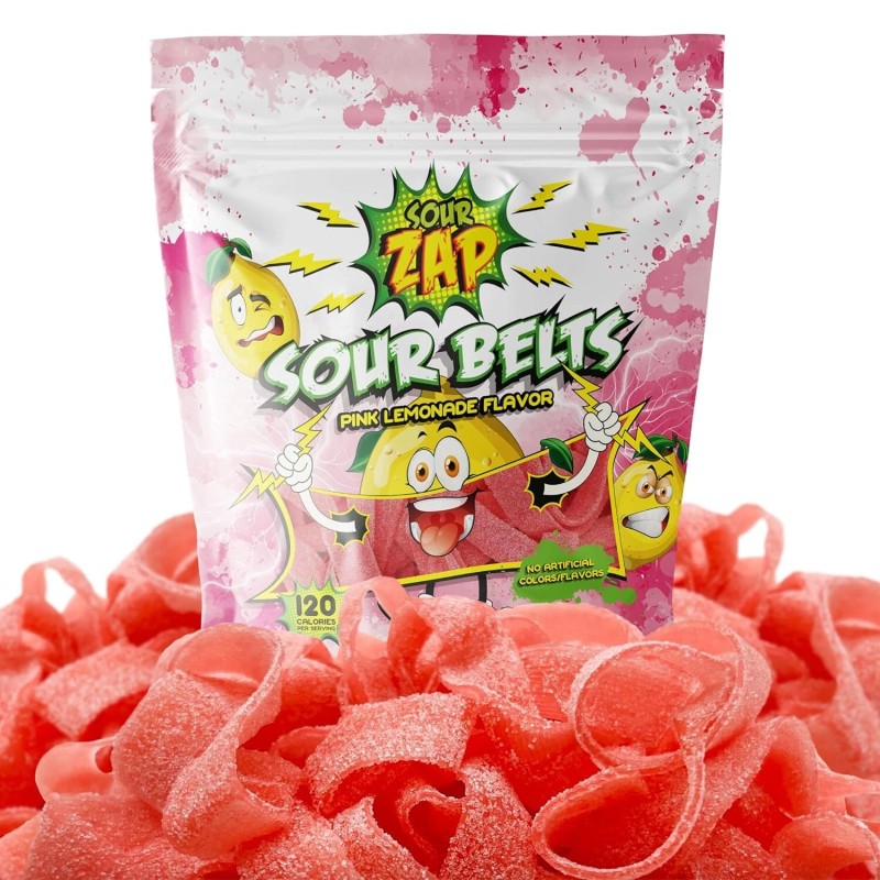 SourZap Sour Belts Gummy Candy | 8-Ounce Pack | Pink
