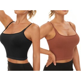 Chilylori Cropped Tank Top Longline Sports Bra 2 Pack Padded Sports Bra Tank Top Bra for Women Ribbbed Crop Top Seamless Bras for Women Sports Bra Sets Workout Tops Sport Bra Black+Bronze L