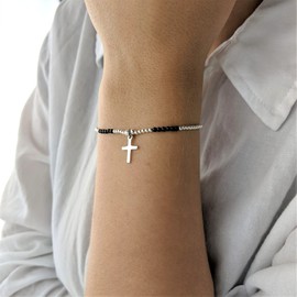 Silverly Women's 925 Sterling Silver 2 mm Small Black Ball Cross Beaded Elastic Stretch Bracelet
