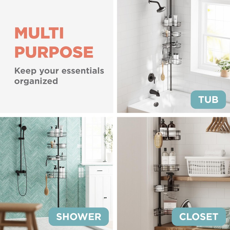 Zenna Home Tension Pole Shower Caddy Corner Organizer, Adjustable Standing
