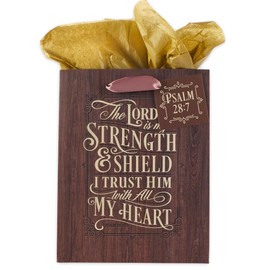 Christian Art Gifts Gift Bag/Tissue Paper Set The Lord Is My Strength Psalm 28:7 Bible Verse, Gold/Wood, Medium
