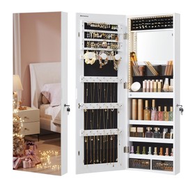 SONGMICS Mirror Jewelry Cabinet Armoire Organizer, Wall or Door Mount Storage Cabinet with Full-Length Frameless Lighted Mirror, Built-in Makeup Mirror, 2 Drawers, Lockable, Christmas Gift, White