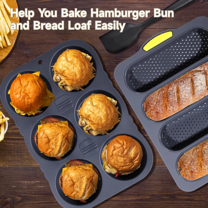 OMISTAR 3 PCS Silicone Baguette Pan and Hamburger Bun Pan