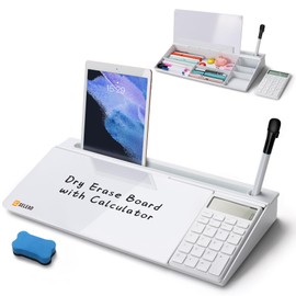 SELEAD Desktop Glass Whiteboard with Calculator, Organizer, Markers, Eraser, Holder - Small Dry Erase White Board Computer Pad Keyboard Stand for Home, School, Office Desk Cubicle Accessories