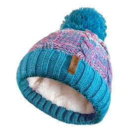 STORMACTIVE 100% Waterproof Warm Girls Winter Hat with Cable Knit, Bobble and Cuddly Thermal Lining, TURKIS OMBRE