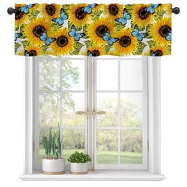 Valances for Windows, Sunflowers and Blue Butterflies Semi Sheer Valances Windows Curtain, Rod Pocket Short Window Treatment Light Filtering Decor Valances for Kitchen Living Room Bedroom - 54"x18"