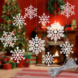 Whaline 40Pcs Silver Glitter Snowflake Winter Snowflake Ornaments Christmas Hanging Decorations with 197 Inches Silver Rope for Wedding Birthday Home Xmas Tree Window Door Accessories