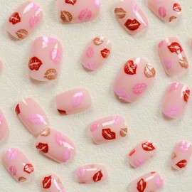 Valentine’s Day Press on Nails Short Square Fake Nails with Lips Design Pink Red Kiss Press on Nails Glossy Reusable Valentines Nails for Women Girls Manicure 24pcs