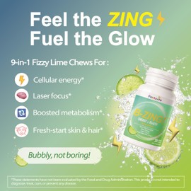 Pentavite B-Zing Daily Energy Supplements, Fizzy Lime Chew, Vitamin B Complex (8 B Vitamins) with Taurine, Energy Support, Laser Focus and Fresh-Start Skin & Hair, Supplements for Women & Men, 3 Pack