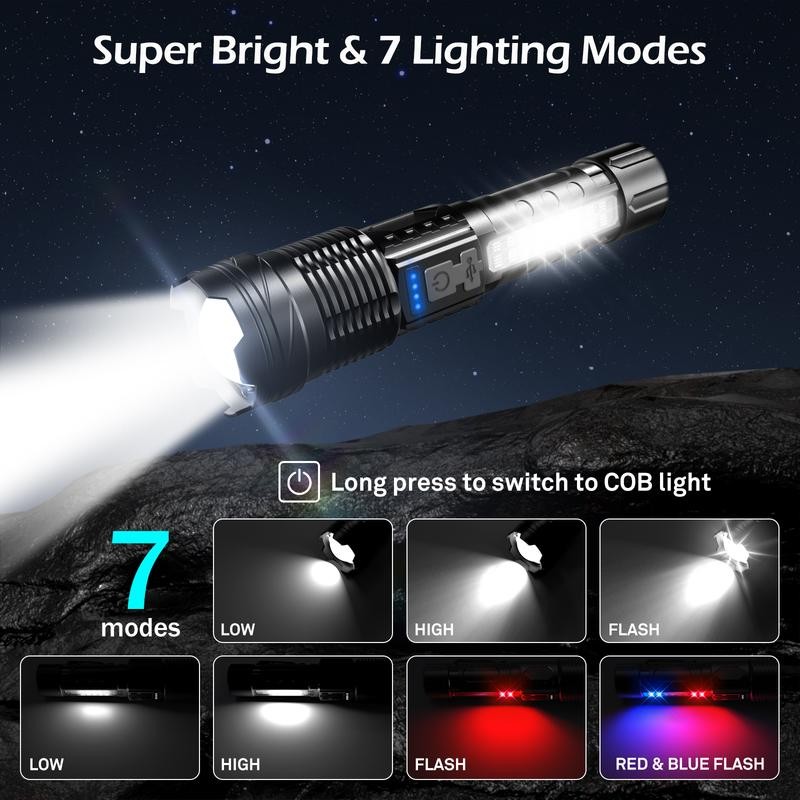 EARRCK Strong Flashlight/USB Rechargeable,Emergency Lighting White Flashlight Red/Blue Alarm Lights/Waterproof