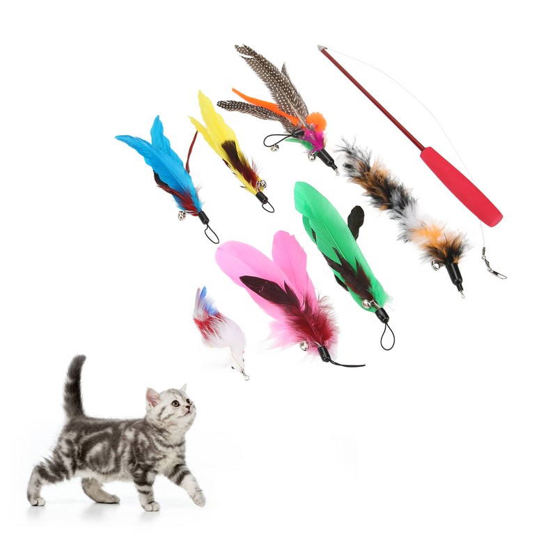 9pcs Cat Feather Wand Toy 3 Sections Retractable Cat Interactive