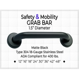 Grab Bar Specialists Safety - 1.5'' Dia. ADA Handrail for Shower Bathroom Home / Elderly Handicap Aid / 304 Stainless Steel / Smooth Grip / Matte Black / 16'' (0152-MB-SM)